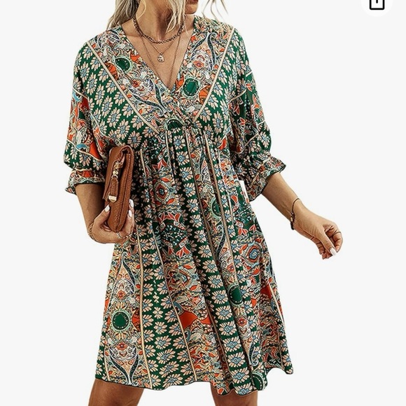 Madtjlqy Dresses & Skirts - Women's Floral Printed V Neck Half Sleeve Boho Elastic Waist Big Hem Dress